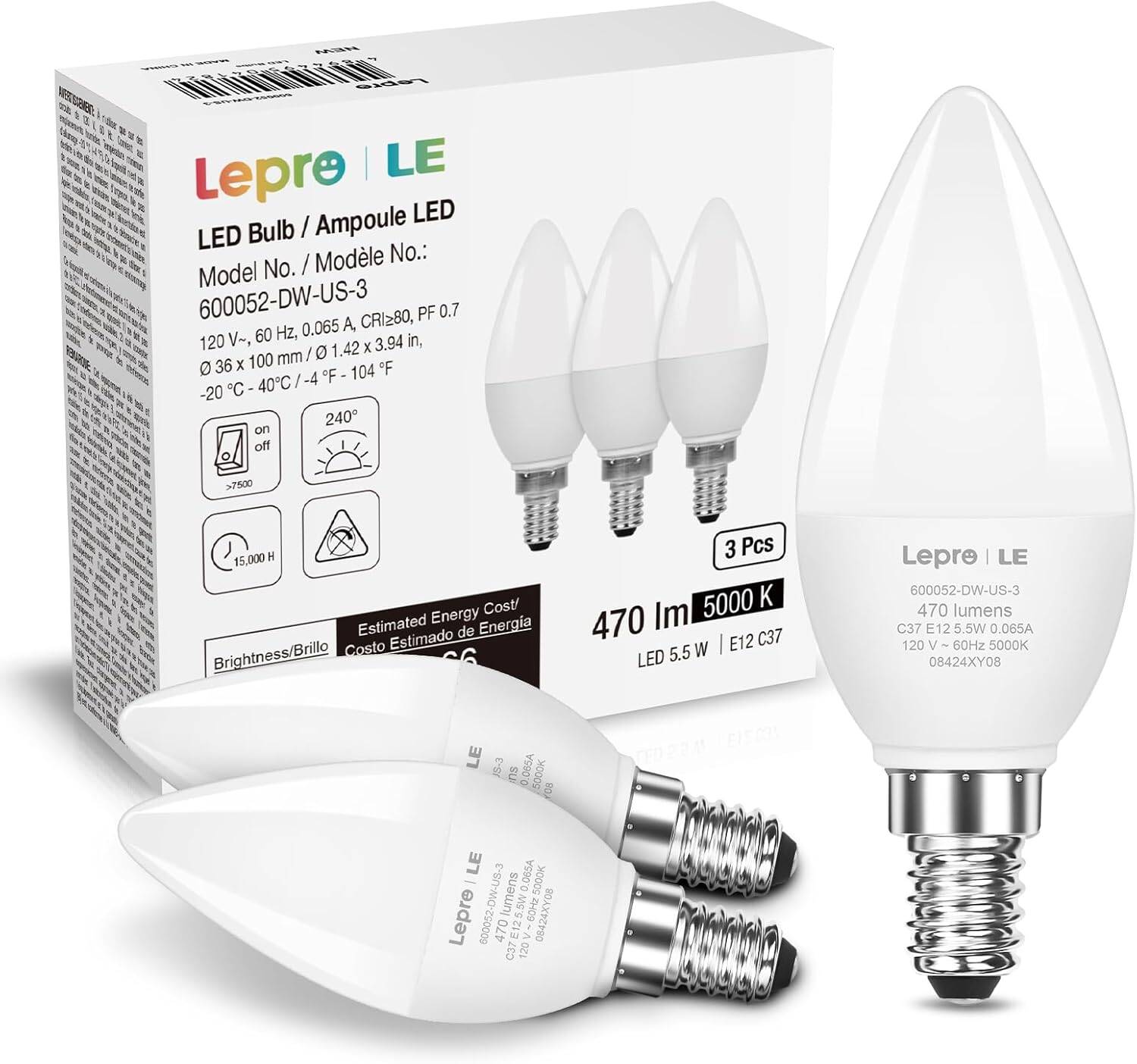 Lepro B11 LED Candelabra Bulbs, E12 Base, 5.5W (40W Equivalent), 500 Lumens, 5000K Daylight, Non-Dimmable - Image 7