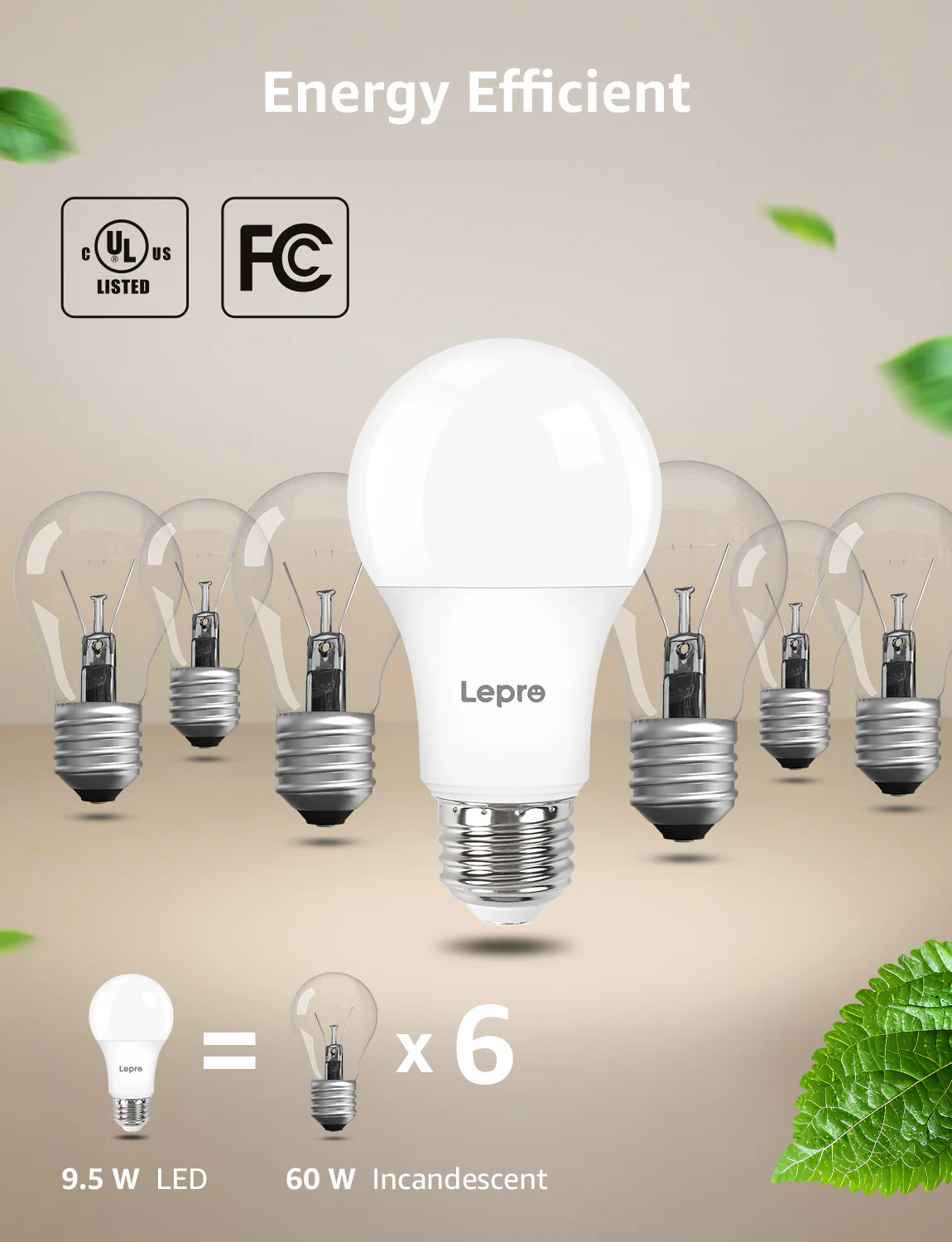 Lepro A19 Dimmable LED Light Bulbs, E26 Base, 9.5W (60W Equivalent), 800 Lumens, 5000K Daylight, UL Listed - Image 5