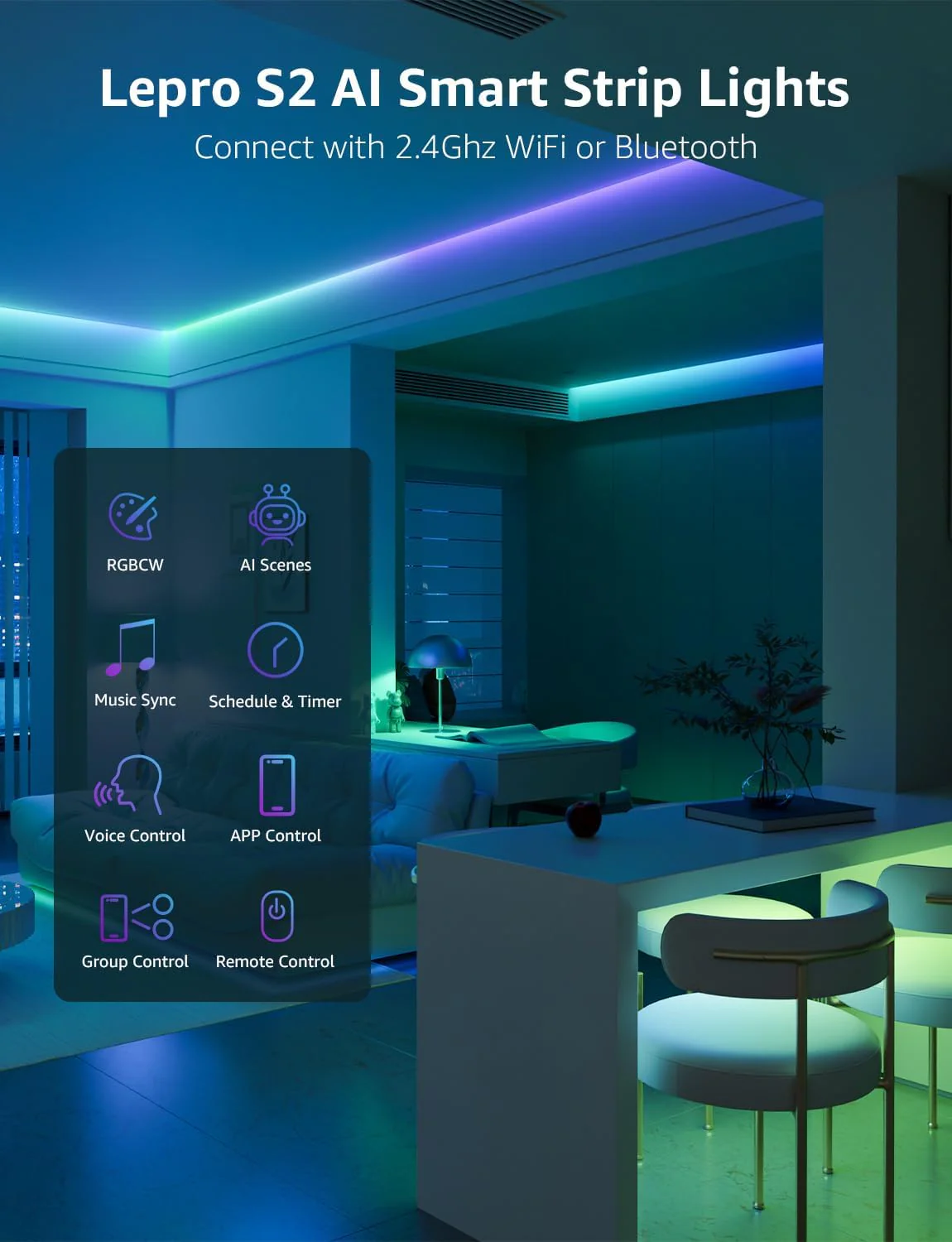 Lepro S2 Smart LED Strip Lights with AI Features (Dynamic RGB+Warm White+Daylight White) - Image 7